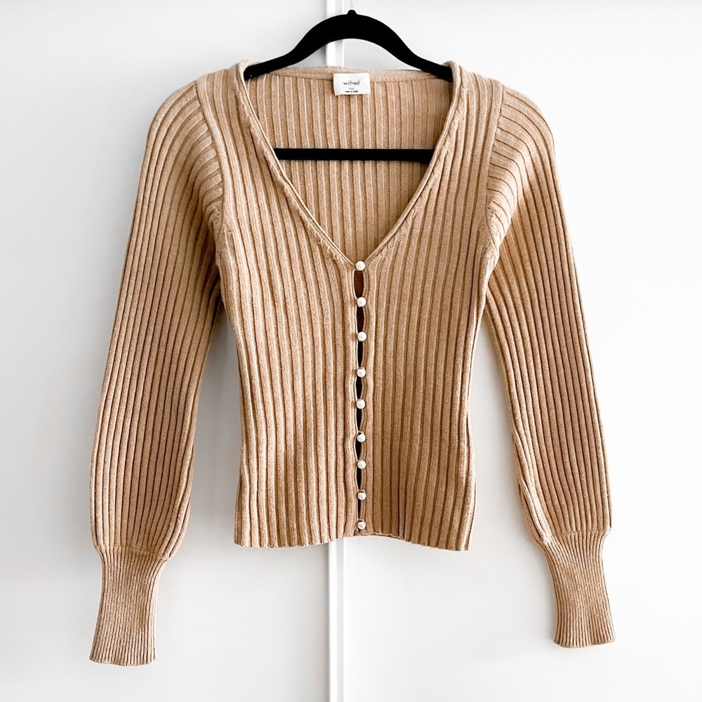 Aritzia Ribbed V-Neck Button Cardigan in Camel